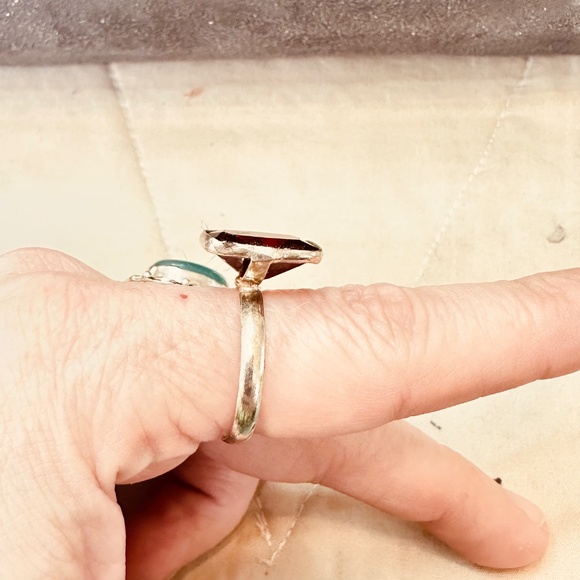 925 Sterling Silver Plated Ring Red Topaz Faceted & Bezel Set Rectangular - Picture 6 of 15